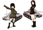  2girls absurdres black_hair black_skirt blonde_hair blue_eyes boots brown_gloves copyright_name crossed_arms emblem fang girls_und_panzer gloves ground_vehicle hand_on_hip helmet highres is-2 katyusha long_hair looking_at_viewer military military_uniform military_vehicle motor_vehicle multiple_girls nonna official_art open_mouth pleated_skirt short_hair simple_background skirt t-34 tank uniform white_background 