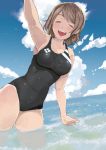  1girl breasts brown_hair closed_eyes clouds competition_swimsuit highres love_live! love_live!_sunshine!! ocean one-piece_swimsuit open_mouth short_hair sky smile solo swimsuit watanabe_you water yadamou 