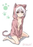  1girl animal_ears arms_between_legs bangs bare_legs barefoot blush bottomless breasts cat_ears cat_tail collarbone ebifurya eyebrows eyebrows_visible_through_hair fake_animal_ears fake_tail full_body gradient_hair hair_between_eyes highres hood hoodie kantai_collection long_sleeves looking_at_viewer multicolored_hair navel no_bra paw_print red_eyes shadow short_hair simple_background sitting small_breasts solo tail tama_(kantai_collection) twitter_username two-tone_hair wariza white_background 