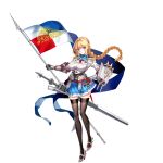  1girl aiguillette armor banner belt blonde_hair blue_eyes blue_skirt blush braid breasts brown_legwear cannon closed_mouth epaulettes flag fleur_de_lis french_flag full_body gauntlets hair_between_eyes hand_on_hip heterochromia high_heels holding jeanne_d&#039;arc_(zhan_jian_shao_nyu) large_breasts long_hair long_sleeves looking_at_viewer machinery medal military military_uniform miyazaki_byou official_art pleated_skirt red_eyes red_ribbon ribbon seiza shield shirt sitting skirt solo sword thigh-highs transparent_background turret uniform weapon white_shirt zettai_ryouiki zhan_jian_shao_nyu 