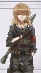  1girl ;) alternate_costume armband belt black_bow black_gloves blonde_hair bow braid contemporary cowboy_shot gloves hair_bow hand_in_pocket hand_on_own_chest kevlar kirisame_marisa long_hair looking_at_viewer meng_ziya military military_uniform one_eye_closed rocket_launcher side_braid smile solo touhou uniform vest weapon weapon_on_back yellow_eyes 