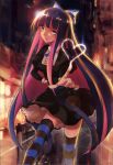  1girl breasts gothic_lolita lolita_fashion long_hair multicolored_hair panty_&amp;_stocking_with_garterbelt solo stocking_(psg) striped striped_legwear thigh-highs 