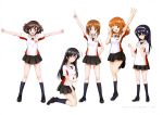  5girls absurdres akiyama_yukari black_eyes black_hair black_skirt brown_eyes brown_hair collarbone copyright_name girls_und_panzer hairband hand_on_hip highres index_finger_raised isuzu_hana kneehighs kneeling long_hair multiple_girls namco name_tag nishizumi_miho official_art one_eye_closed open_mouth orange_hair pleated_skirt reizei_mako shirt shoes short_hair simple_background skirt smile takebe_saori v white_background white_hairband white_shirt 