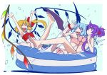  3girls :d ^_^ alternate_costume alternate_hairstyle bare_legs barefoot bat_wings bikini blonde_hair blue_bow blue_hair blush bow breasts closed_eyes crystal eichi_yuu feet flandre_scarlet flat_chest hair_bow medium_breasts multiple_girls no_hat no_headwear open_mouth patchouli_knowledge pink_bikini pointy_ears ponytail purple_hair red_bikini red_eyes red_ribbon remilia_scarlet ribbon short_hair side_ponytail sidelocks smile swimsuit touhou violet_eyes wading_pool wings wrist_cuffs 