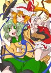  2girls :d ;d ascot blonde_hair bloomers blush bow colored_pencil_(medium) cowboy_shot crystal eichi_yuu eyeball fang flandre_scarlet floral_print frilled_shirt_collar frilled_sleeves frills green_eyes green_hair green_skirt hat hat_bow hat_removed hat_ribbon headwear_removed heart heart_of_string komeiji_koishi long_sleeves looking_at_viewer mob_cap multiple_girls one_eye_closed open_mouth puffy_short_sleeves puffy_sleeves red_bow red_eyes red_ribbon red_shirt red_skirt ribbon shirt short_hair short_sleeves side_ponytail skirt skirt_set smile third_eye touhou traditional_media underwear v wide_sleeves wings yellow_bow yellow_shirt 