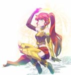  1girl armor blush breasts cleavage collarbone full_body gloves green_eyes hair_ornament halo iesupa long_hair navel open_mouth ponytail pyrrha_nikos redhead rwby simple_background skirt solo spoilers 