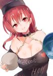  1girl amamitsu_kousuke bare_shoulders black_shirt blush breasts carrying_under_arm chains cleavage clothes_writing collar collarbone earth_(ornament) english heart hecatia_lapislazuli highres large_breasts long_hair looking_at_viewer moon_(ornament) off-shoulder_shirt polos_crown red_eyes redhead shirt smile solo t-shirt touhou upper_body 