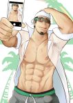  10s 1boy abs baseball_cap brown_eyes brown_hair facial_hair glasses hat kukui_(pokemon) low_ponytail male_focus muscle n!cholas nipples pokemon pokemon_(game) pokemon_sm solo sunglasses sweat tongue tongue_out 