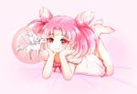  1girl barefoot bishoujo_senshi_sailor_moon bubble chibi_usa chin_rest crescent double_bun dress facial_mark forehead_mark full_body horn latealatea legs_up lying nightgown on_stomach pegasus pegasus_(sailor_moon) pink_dress pink_eyes pink_hair small_lady_serenity smile soles the_pose toes twintails 