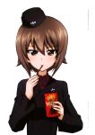  1girl absurdres brown_eyes brown_hair copyright_name eating garrison_cap girls_und_panzer hat highres long_hair mini_hat nishizumi_maho official_art pocky product_placement short_hair simple_background solo uniform upper_body white_background 