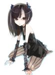  1girl amiami bare_shoulders black_eyes black_hair choker detached_sleeves dress female fishnets lace original pale_skin solo spiked_collar wariza white_background 