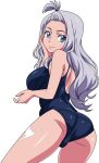  1girl admontanheiro ass blue_eyes fairy_tail from_behind long_hair looking_at_viewer mirajane_strauss one-piece_swimsuit silver_hair smile solo 