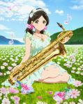  1girl baritone_saxophone black_hair brown_eyes clouds collarbone dress flower full_body glass_slipper hair_flower hair_ornament hairband hibike!_euphonium highres instrument jewelry looking_at_viewer musical_note necklace official_art ogasawara_haruka outdoors shoes_removed sitting solo twintails 