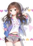  1girl bangs breasts brown_eyes brown_hair casual character_name charm_(object) clenched_hand cowboy_shot d.va_(overwatch) facial_mark hand_in_pocket headphones headphones_around_neck heart hood hoodie long_hair long_sleeves looking_to_the_side moffle_(2019) navel overwatch shadow shirt short_shorts shorts simple_background small_breasts smile solo swept_bangs t-shirt whisker_markings white_background white_shirt 
