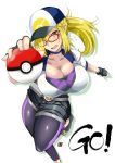  10s 1girl aoi_manabu blonde_hair breasts cleavage female female_protagonist_(pokemon_go) fingerless_gloves flying_sweatdrops gloves green_eyes hat large_breasts long_hair looking_at_viewer nintendo poke_ball pokemon pokemon_go simple_background solo sweat 
