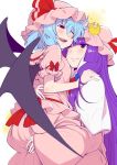  2girls ;) ;d arm_garter ass_grab bat_wings blue_bow blue_hair blush bow capelet crescent dress eichi_yuu hair_bow hair_ribbon hat hat_ribbon hug long_hair long_sleeves looking_at_another mob_cap multiple_girls one_eye_closed open_mouth patchouli_knowledge pink_dress pink_shirt pink_skirt pointy_ears puffy_short_sleeves puffy_sleeves purple_hair red_bow red_eyes red_ribbon remilia_scarlet ribbon sash shirt short_sleeves skirt skirt_set smile touhou tress_ribbon upper_body violet_eyes wide_sleeves wings yuri 
