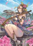  1girl breasts brown_hair cleavage company_name flower grass gun hair_flower hair_ornament hanashun_fujin japanese_clothes kochimo long_hair musket original petals rock sandals sengoku_taisen sitting sky socks solo watermark weapon yellow_eyes 