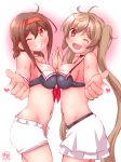  2girls :d ;d adapted_costume ahoge alternate_hairstyle bikini_top black_bikini_top blush breast_press breasts brown_eyes brown_hair hair_ornament hairband heart highres kanon_(kurogane_knights) kantai_collection light_brown_hair long_hair looking_at_viewer low_twintails medium_breasts multiple_girls murasame_(kantai_collection) navel one_eye_closed open_mouth orange_eyes pointing pointing_at_viewer pointing_finger shiratsuyu_(kantai_collection) short_hair short_twintails shorts skirt smile symmetrical_docking twintails 