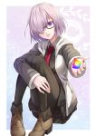  1girl black_legwear blush breasts convenient_leg fate/grand_order fate_(series) glasses hair_over_one_eye highres jh looking_at_viewer necktie pantyhose purple_hair shielder_(fate/grand_order) short_hair smile solo violet_eyes 