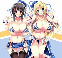  2girls akikaze_tsumuji atago_(kantai_collection) beret bikini black_hair black_legwear blonde_hair blue_bikini blue_eyes blue_swimsuit blush breasts curvy female hat huge_breasts kantai_collection long_hair long_skirt looking_at_viewer military_uniform miniskirt multiple_girls open_mouth red_eyes short_hair skirt smile standing string_bikini swimsuit takao_(kantai_collection) thigh-highs thigh_gap thighs uniform 