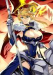  1girl armor artoria_pendragon_lancer_(fate/grand_order) blonde_hair breasts cape cleavage fate/grand_order fate_(series) flag fur green_eyes horse ishida_akira large_breasts riding saber smile solo 