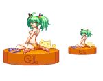  1girl :&lt; ahoge ass bag_of_chips bangs bare_arms bare_legs barefoot bell bikini black_ribbon blush breasts brown_eyes chips eyebrows_visible_through_hair food from_behind full_body gj-bu green_hair hair_bell hair_between_eyes hair_ornament hair_ribbon kannazuki_tamaki looking_at_viewer looking_back medium_breasts migel_futoshi mouth_hold multiple_views o_o pixel_art ribbon shadow simple_background sitting snack swimsuit twintails wariza white_background yellow_bikini 