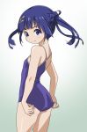  1girl adjusting_clothes adjusting_swimsuit ass blue_hair competition_school_swimsuit flat_ass flat_chest from_behind hair_bun hair_ornament hairclip kusanagi_yuma long_hair looking_back purple_swimsuit rohitsuka school_swimsuit soushin_shoujo_matoi standing swimsuit twintails violet_eyes 
