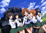  5girls absurdres akiyama_yukari black_eyes black_hair black_legwear brown_eyes brown_hair collarbone girls_und_panzer ground_vehicle hand_holding hands_together highres isuzu_hana long_hair military military_vehicle motor_vehicle multiple_girls nishizumi_miho official_art open_mouth orange_hair outdoors panzerkampfwagen_iv pleated_skirt reizei_mako short_hair skirt takebe_saori tank thigh-highs uniform white_skirt zettai_ryouiki 