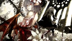  2girls bat_wings dress flower from_behind izayoi_sakuya knife konosaki_usetsu lavender_hair looking_at_viewer multiple_girls pink_dress red_eyes remilia_scarlet smile touhou white_hair wings 