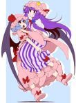  2girls bat_wings blue_bow blue_hair bow capelet crescent double_bun dress eichi_yuu frilled_shirt_collar frills full_body hair_bow hat hat_ribbon hug long_hair mob_cap multiple_girls open_mouth patchouli_knowledge pink_shirt pink_shoes pink_skirt puffy_short_sleeves puffy_sleeves purple_hair red_bow red_eyes red_ribbon remilia_scarlet ribbon shirt shoes short_sleeves skirt skirt_set striped touhou triangle_mouth vertical-striped_dress vertical_stripes violet_eyes wide_sleeves wings 