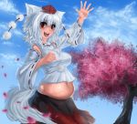  1girl animal_ears belly breasts inubashiri_momiji kipteitei navel plump red_eyes smile solo tail touhou white_hair wolf_ears wolf_tail 