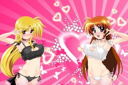  00s 2girls bell bell_choker blonde_hair blush cat_cutout cat_ear_panties cat_keyhole_bra cat_lingerie choker fate_testarossa highres long_hair looking_at_viewer lyrical_nanoha mahou_shoujo_lyrical_nanoha multiple_girls orange_hair red_eyes takamachi_nanoha v violet_eyes 