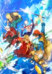  1girl 3boys angelo brown_hair cape dragon_quest dragon_quest_viii dress everyone fire gold green_eyes hero_(dq8) jessica_albert long_hair lowres magic multiple_boys one_eye_closed red_eyes redhead shield square_enix sword twintails water weapon yangus 