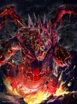  andybelzark claws dragon dragon_wings duel_monster fire highres looking_at_viewer meteor_b._dragon meteor_black_dragon molten_rock no_humans open_mouth red_eyes sharp_teeth spikes teeth wings yu-gi-oh! 