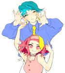  1boy 1girl 2016 artist_name choker cowboy_shot dated dress_shirt earrings green_eyes green_hair hairband jewelry jojo_no_kimyou_na_bouken kinako_(marubotan) kishibe_rohan necktie one_eye_closed pink_eyes pink_hair pointing poking shirt simple_background sleeveless smile sugimoto_reimi upper_body white_background yellow_necktie 