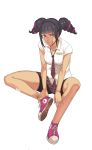  1girl black_hair breasts capcom han_juri school_uniform shoes skirt sneakers street_fighter street_fighter_v twintails violet_eyes 