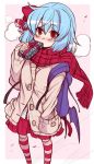  1girl alternate_costume backpack bag bat_wings blue_hair blush bow box colored_pencil_(medium) contemporary covering_mouth eichi_yuu gift gift_box hair_bow hand_in_pocket holding holding_gift jacket looking_at_viewer nose_blush open_clothes open_jacket over-kneehighs red_bow red_eyes red_scarf red_skirt remilia_scarlet scarf shirt short_hair skirt solo striped striped_legwear sweater sweater_jacket thigh-highs touhou traditional_media valentine white_shirt wings 