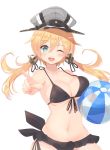  1girl :d anchor_hair_ornament aqua_eyes ball beachball bikini black_bikini black_ribbon blonde_hair blush breast_press breasts cleavage collarbone hair_ornament hat highres holding index_finger_raised kagerou_(shadowmage) kantai_collection long_hair medium_breasts navel one_eye_closed open_mouth peaked_cap pointing prinz_eugen_(kantai_collection) ribbon simple_background smile solo swimsuit teeth twintails white_background 