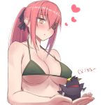  1boy 1girl bikini blush breasts cz2128_delta eclair_ecleir_eicler eyepatch green_eyes heart heart-shaped_pupils long_hair overlord_(maruyama) penguin pink_hair ponytail simple_background swimsuit symbol-shaped_pupils text translated voeh! 