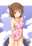  1girl arms_behind_back blush breasts brown_eyes brown_hair casual_one-piece_swimsuit clouds cloudy_sky covered_navel floral_print folded_ponytail frilled_swimsuit frills gluteal_fold hair_between_eyes heart_print inazuma_(kantai_collection) innertube kantai_collection lips one-piece_swimsuit pink_swimsuit sky small_breasts solo swimsuit thighs yua_(checkmate) 