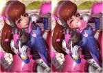  1girl bodysuit brown_eyes brown_hair bubblegum d.va_(overwatch) facepaint facial_mark gloves gun headphones holding holding_gun holding_weapon long_hair long_sleeves overwatch pilot_suit shoulder_pads skin_tight smile solo turtleneck weapon white_gloves wink 