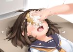  1girl brown_hair covered_face hands highres messy open_mouth school_uniform serafuku short_hair soap_bubbles solo_focus 