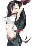  1girl :o alternate_breast_size amiami armpits arms_up belt female final_fantasy final_fantasy_vii gloves long_hair low-tied_long_hair midriff one_eye_closed open_mouth simple_background solo suspenders tied_hair tifa_lockhart unbuckled unzipped white_background yawning 