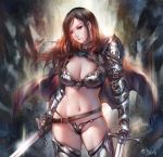  1girl 2016 arm_belt armor armored_boots backlighting bangs belt bikini_armor boots breasts brown_hair cape cleavage closed_mouth cowboy_shot dual_wielding floating_hair gauntlets gorget head_tilt holding holding_sword holding_weapon large_breasts lens_flare long_hair micro_panties navel o-ring_bottom original panties pauldrons red_eyes signature solo stomach swept_bangs sword thigh-highs thigh_boots underwear weapon wuduo 