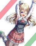  1girl arm_behind_head armpits arms_up ascot bare_shoulders blonde_hair boots braid breasts brown_legwear french_braid hat italian_flag kantai_collection large_breasts long_hair long_sleeves mini_hat miniskirt open_mouth pantyhose shirt skirt smile solo takino_yoshito violet_eyes wavy_hair white_shirt zara_(kantai_collection) 
