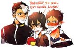  3boys black_hair blush brown_hair fingerless_gloves gloves hyakujuu-ou_golion keith_(voltron) lance_(voltron) male_focus multiple_boys open_mouth scar senshu sweat takashi_shirogane voltron:_legendary_defender white_hair yaoi 