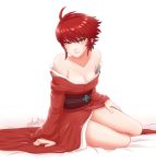 1girl blush cleavage collarbones cslucaris female fire_emblem fire_emblem_if hinoka_(fire_emblem_if) japanese_clothes kimono legs looking_at_viewer off_shoulder short_hair simple_background sitting smile thighs 
