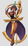  1girl aqua_eyes black_hair breasts cleavage dark_skin egyptian egyptian_clothes eliza_(skullgirls) full_body gold grey_background highres lack large_breasts legs legs_crossed looking_at_viewer simple_background skullgirls solo staff thighs 