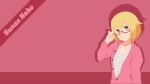  1girl absurdres blonde_hair brown_eyes eyebrows_visible_through_hair glasses highres hitoribocchi_no_marumaru_seikatsu pink_background pink_sweater solo sunao_nako sweater 