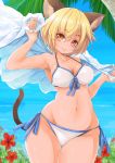  1girl animal_ears armpits bare_arms bikini blonde_hair blue_sky blurry blush breasts cat_ears cat_tail cleavage collarbone cowboy_shot curvy depth_of_field eyebrows eyebrows_visible_through_hair flower front-tie_bikini front-tie_top groin hair_between_eyes hibiscus highres holding looking_at_viewer maru-pen medium_breasts navel ocean orange_eyes original outdoors palm_tree red_flower short_hair side-tie_bikini sky smile solo stomach string_bikini summer swimsuit tail thick_thighs tree white_bikini wide_hips 